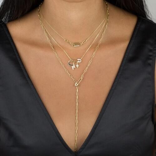 Paper Clip Necklace Moon Star Zircon Clavicle Chain Necklace for Women Popular Vintage Chain Set Pin Choker Wholesale Jewelry