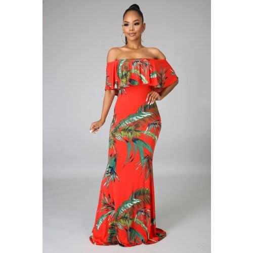 2021 High Quality New Design Dress Print Draped Slash Neck Short Sleeve Sexy Maxi Dress Vestidos