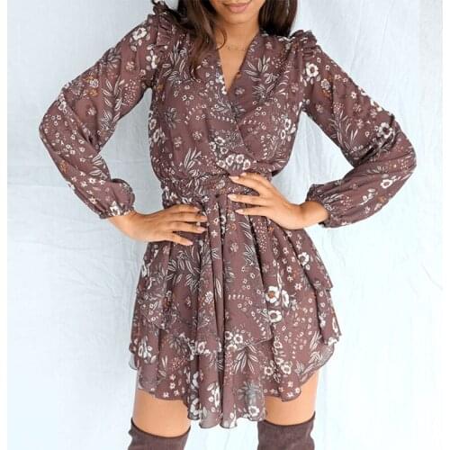 Foridol Floral Prnit Long Sleeve Autumn Winter Dress Ruffle Brown Casual Dress Robe Party Short Dress Vestidos