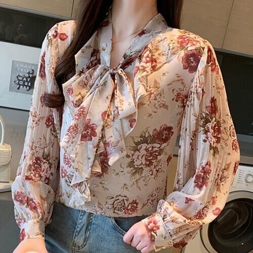Long Sleeve Ruffles V-Neck Print Chiffon Blouse Tops Blusa Blouse Women Blusas Mujer De Moda 2021 Womens Tops And Blouses D818