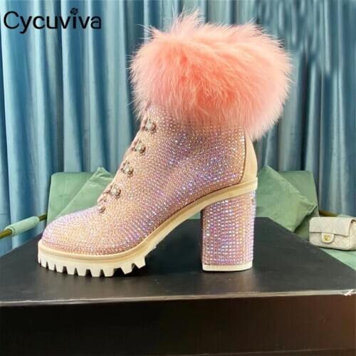 Bling Bling Fur Winter Shoes Woman Chunky Heel Ankle Boots For Women Lace Up Wool Platform Boots Designer Crystal Snow Boots