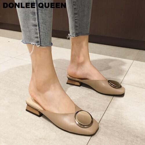 Brand Mules Wome Slippers Square Toe Wooden Low Heel Casual Shoes Women Metal Buckle Slides Slip On Outdoor Slipper Big Size 41