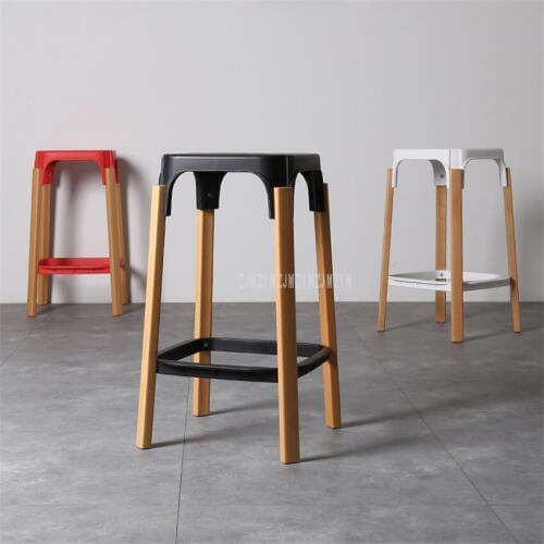 Nordic Style Modern Design Solid Wood Bar Stool Solid Wooden Leg PP Seat Home Dining Coffee Bar Counter Stool Backless 68cm