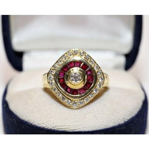 OLD NAVETTE ORIGINAL 18K GOLD NATURAL DIAMOND AND CALIBER RUBY DECORATED RING