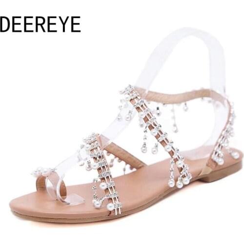 Comfortable Fringed Roman Rhinestone Pearl Woman Flats Sandals Slip On Diamond Round Toe Casual Summer Princess Beach Dress Shoe