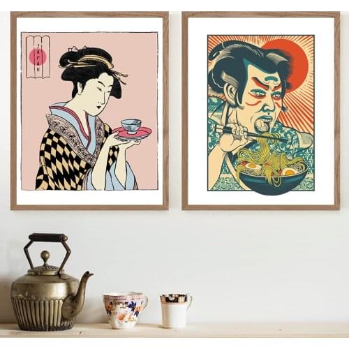 Japanese Traditional Style Decoration Canvas Painting Kitchen Wall Art Prints Vintage Posters Japan Woman Samurai Pictures Decor