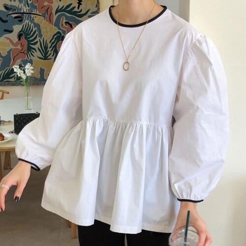 White Causal Blouse Women 2021 New Puff Long Sleeve O-neck Loose Shirts For Women New Korean Chic Loose Tops Chemise Femme 15333