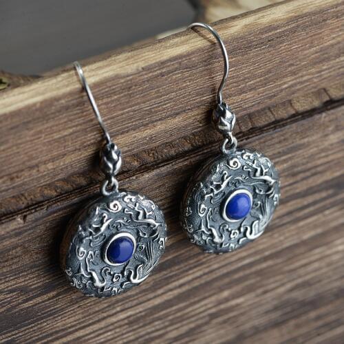 FNJ Round arrings 925 Silver Original Pure S925 Sterling Silver Lapis Lazuli Drop Earring for Women Jewelry