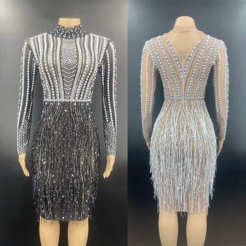 Female Stage Costume Nightclub Singer Sparkly Rhinestone Pearl Fringe Eevening Dress Host Clothing Cocktail Party Dresses DB3776