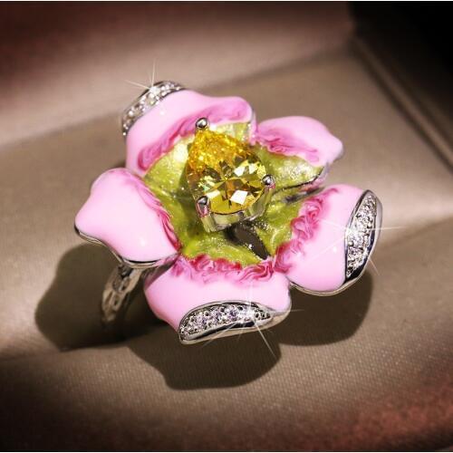 New Arrival Enamel Pink Flower with Zircon Stone Cute Wedding Engagement Fashion Jewelry for Women S925