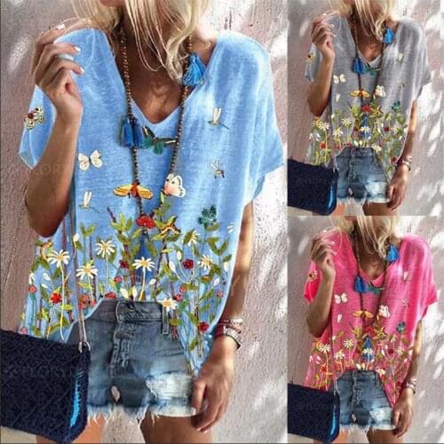 2021 Fashion V-neck Womens Summer Pullover Tops Casual Floral Butterfly Print Short Sleeve T-shirt Loose Large Size Blouses