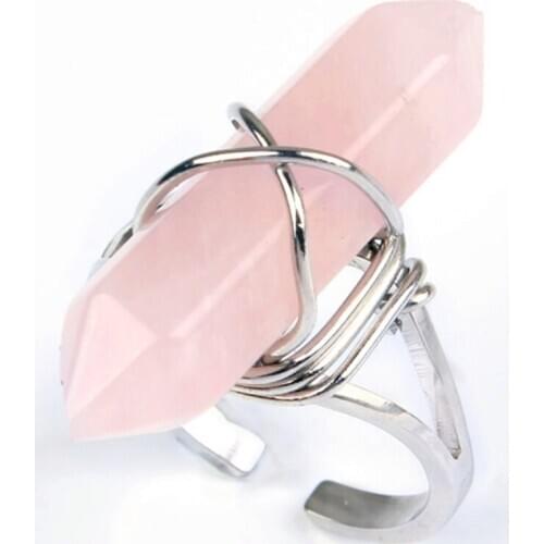 100-Unique 1 Pcs Silver Plated Beautiful Rose Pink Quartz Hexagon Column Stone Beads Adjustable Finger Ring Jewelry