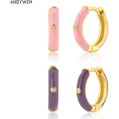 ANDYWEN 925 Sterling Silver European Pink Purple Enamel Hoops Circle Round Hoops Luxury Women Piercing Pendientes Jewelry For
