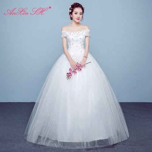 AXJFU princess little flower lace white wedding dress party vintage boat neck beading crystal sparkly ball gown wedding dress