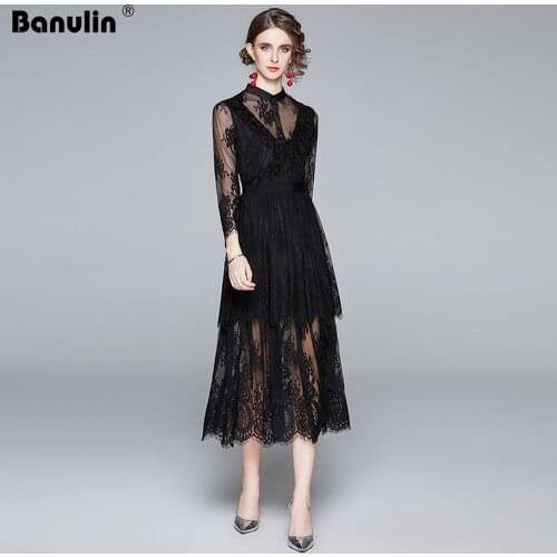 Banulin 2020 Women Lace Dress Autumn Runway Long Sleeve Hollow Out Embroidery Lace Robe Sexy Femme Party Dresses Women Evening