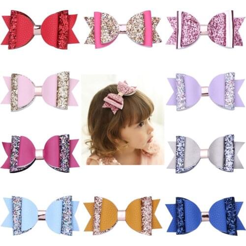 Glitter Faux Leather Bow Hair Clips, 4 inch Sparkly Hair Bow Alligator Clip, Valentines day gift for girls