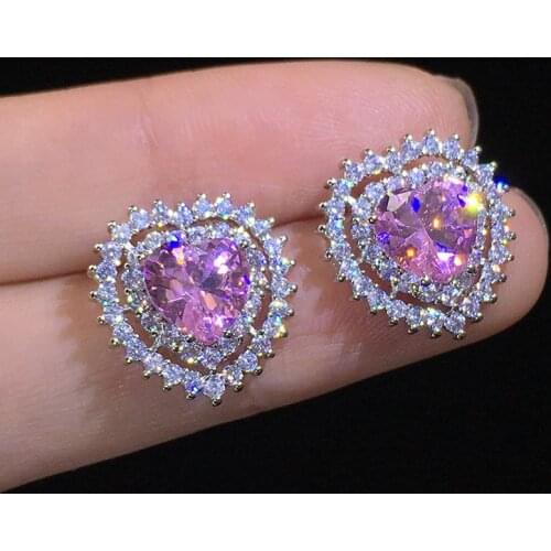 Shiny Side New Fashion Brand Jewelry Crystal Pink Heart Stud Earrings for Women Gift Luxury Zirconia Earrings