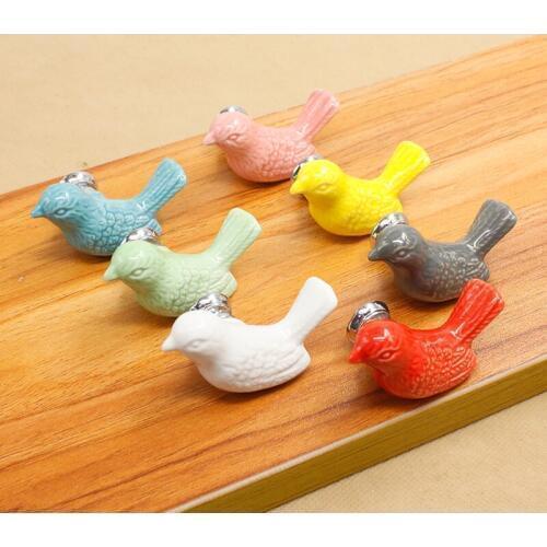 Cute cartoon kids knobs colour ceramic bird drawer shoe cabinet knob pull red pink yellow blue green white gary children handle