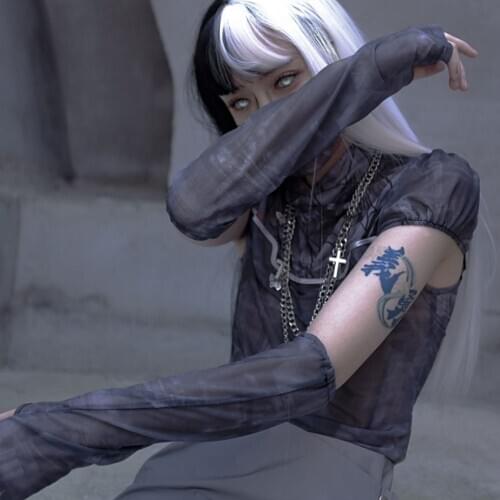 Original Design Mechanical Punk Cuff Mesh Printing Turtleneck Tshirt Translucent Gothic Dark Grey Slim Basic Tee Shirt Summer