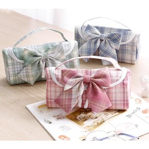 Japanese Style Canvas Plaid Pencil Case for Students Cute Bow Girly Heart Portable Stationery Bag Kawaii Storage Pen Cases