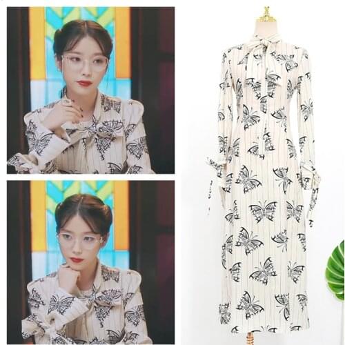 Kpop IU Lee Ji Eun 2021 Summer new temperament Women butterfly Print Boho Long Sleeve Dress Ladies Evening party elegant Dresses