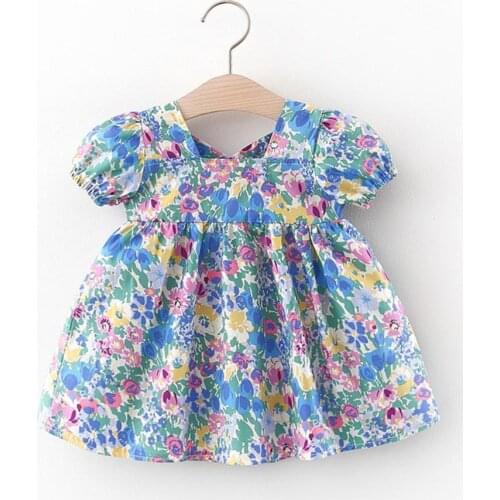 Summer Dress Puff Sleeve Elastic Cuffs Sweet Girls Floral Print Pleated Dress for Vacation