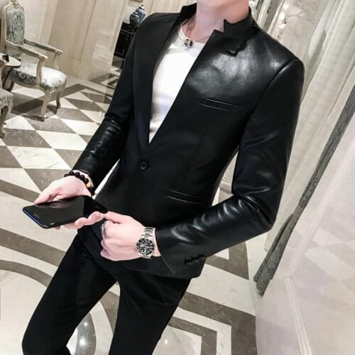2020 Mens Solid Black Slim Suit Jacket High Quality PU Leather Jacket Mens Business Casual Prom Blazer Mens Korean Blazer