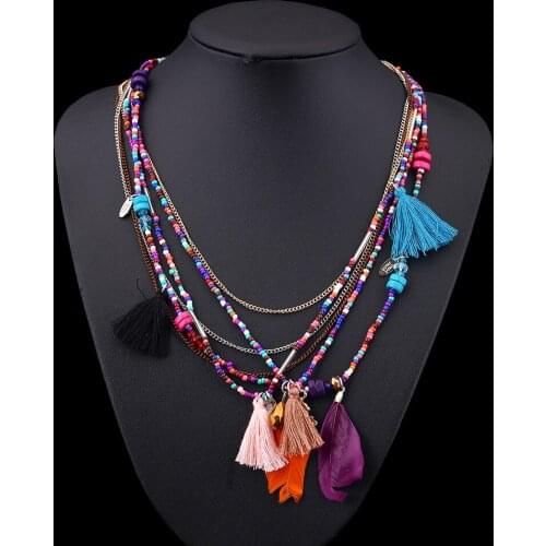 Find Me Bohemia Multilayer Woven Beaded Necklaces Ethnic Feather Tassel Necklace Women Fashion Jewelry