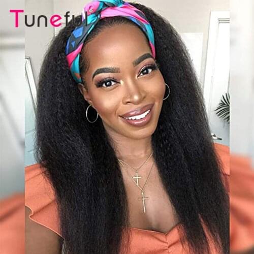 Headband Wig Human Hair Wigs Kinky Straight Cheap Machine Made Indian Remy Human Hair Wigs Free Scarf No Glue Beginner Friendly