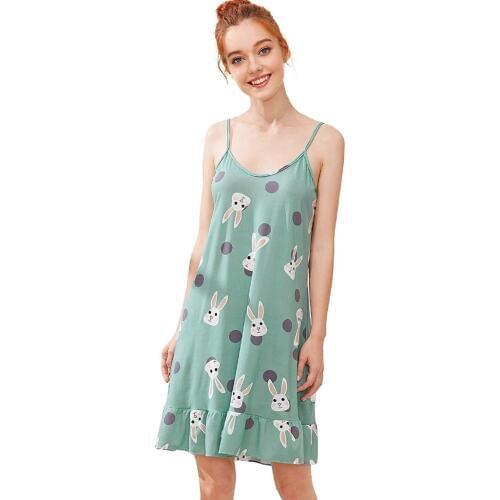 Cartoon Print Ruffle Hem Cami Dress with Eye Mask for Big Girl Teens Women Nightgowns Cute