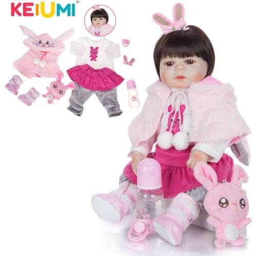 KEIUMI New Lovely Realistic Reborn Baby Doll Full Body Silicone With Pink Rabbit Baby Doll For Girl Kids DIY Birthday Gift