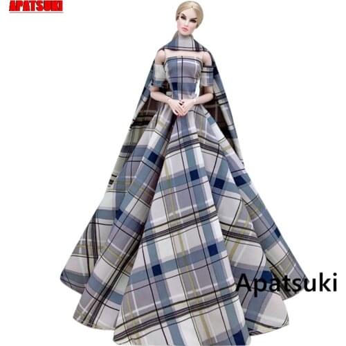 Gray Blue Plaid High Fashion Wedding Dress for Barbie Clothes Shawl Big Evening Dresses Party Gown Outfits 1/6 Doll Accessories