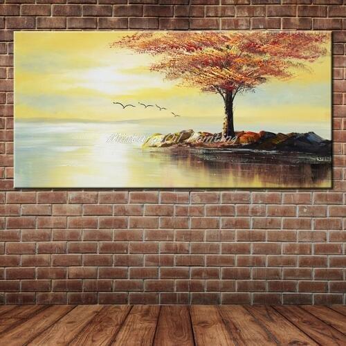 Mintura Modern Abstact Sunset Flying Birds Oil Painting Red Tree Canvas Art Wall Mural Picture Decoration (No Frame)