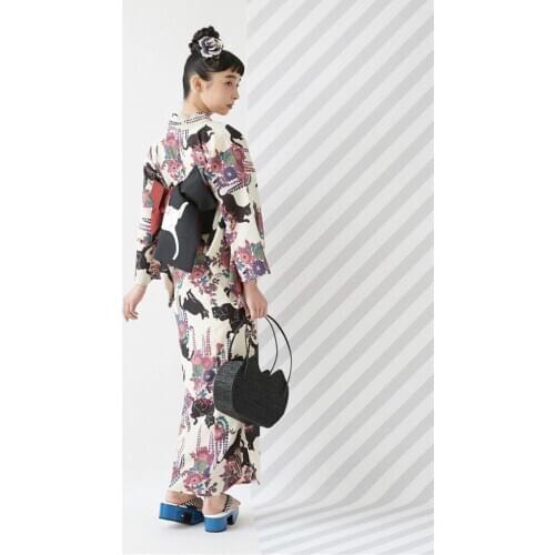 Traditional Japanese Kimono Yukata Feeling Clothes Cosplay Girls Dress Formal Wear Summer Night Cat 160CM