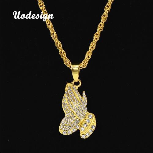 Uodesign The Praying Hands Pendants & Necklaces Brother Gift Gold Color Crystal Alloy Hip Hop Men Chain Jewelry