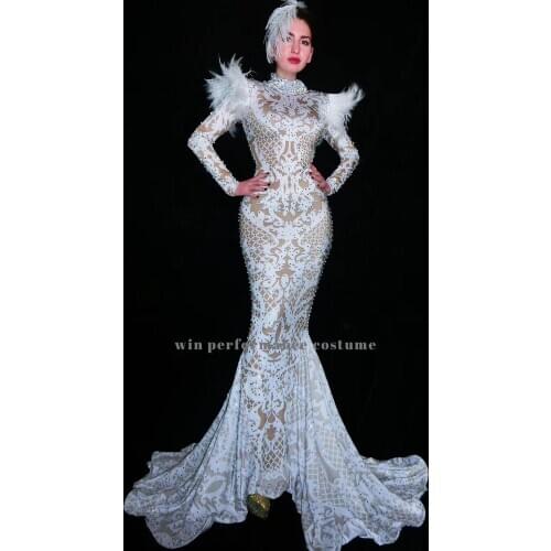 Feahther mermaid evening dress floor length o neck skinny opera singer dance drama talent show splendid attire10270