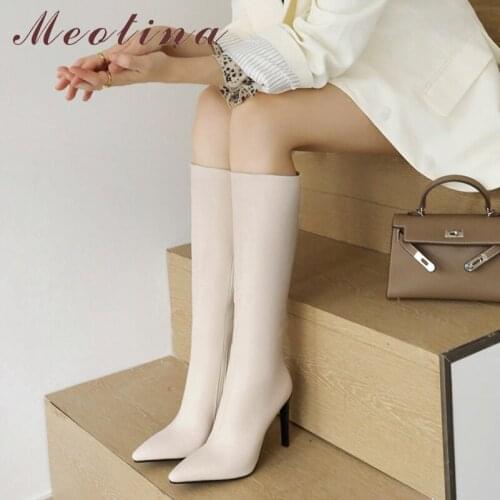 Meotina Knee High Boots Women Shoes Thin Super High Heel Pointed Toe Boots Zipper Fashion Ladies Boots 2021 Autumn Beige 33-45