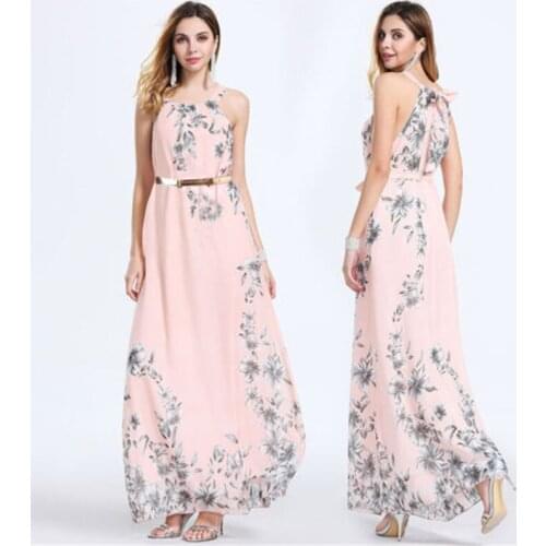 Women Summer Bohemian Beach Dress Casual Floral Print Halter Sleeveless Formal Evening Party Vacation Long Maxi Dress with Belt
