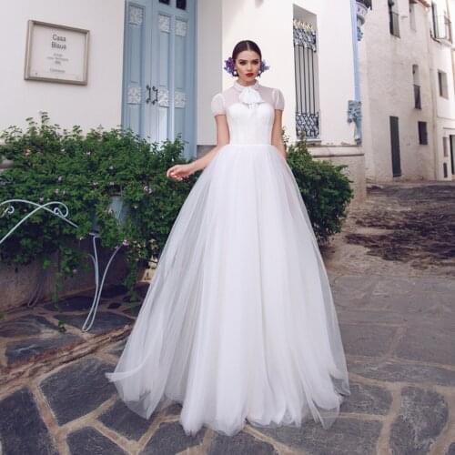 UZN Ivory A Line Dots Net Wedding Dress High Collar O neck Short Sleeves Bridal Gown Vestido De Novia