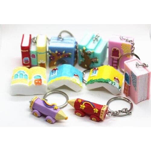 1PC Simulation Resin Book /House/Pencil Shaped Keychains Creative Resin Crafts Decor Book Bag /Keys For Student Gifts