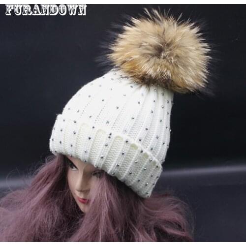 2019 New Fashion Women Winter Rhinestone Beanie Hats Big Pompon Beanie Caps Big 18cm Real Fur Pompom Hat For Women