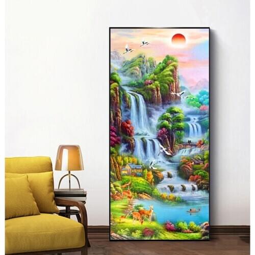 Round full diamond landscape 5D diamond painting sunset waterfall DIY diamond embroidery kit decoration ornaments