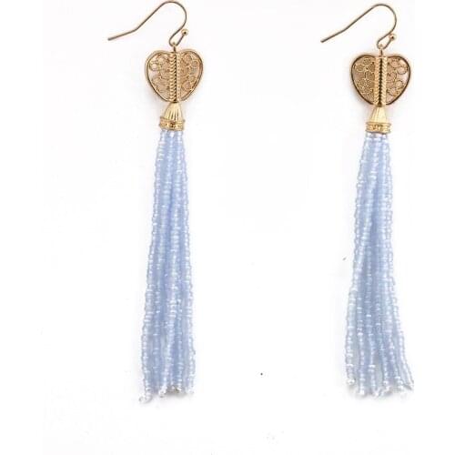 Beadsland heart shape blue long tassel dangle earring beads tassel dangle earring ethnic vintage women earring