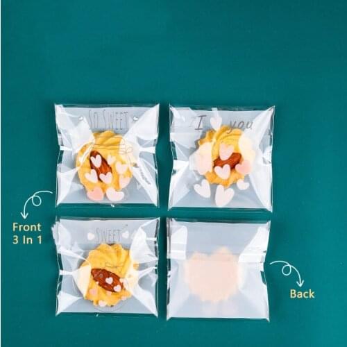 AQ 100pcs/lot White Frosted Falling Pink Love Heart 3 In 1 So Sweet Party Button Biscuit Cellophane Self Adhesive Packaging Bag