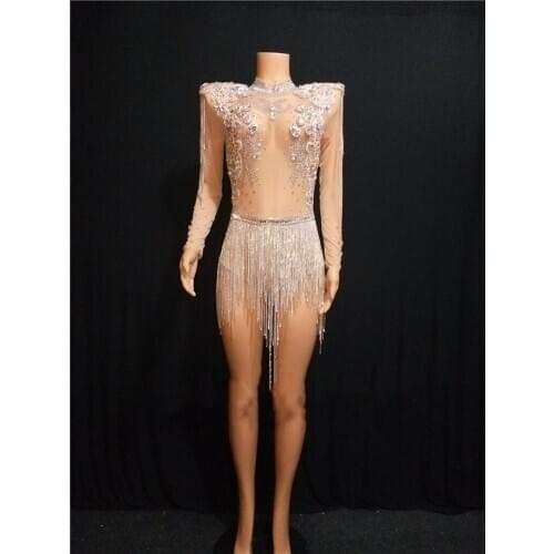 Sparkly Rhinestone Fringes Party Nightclub Outfit Shining Big Crystals Mesh Sexy Bodysuit Singer Stage Performance Dance Costume