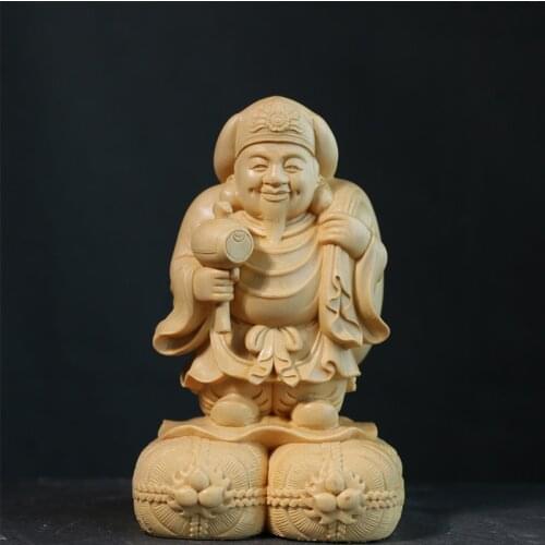 Cypress Wood 15cm Mahakala Buddha Statue Figure Sculpture God of Wealth Worship Home Decor