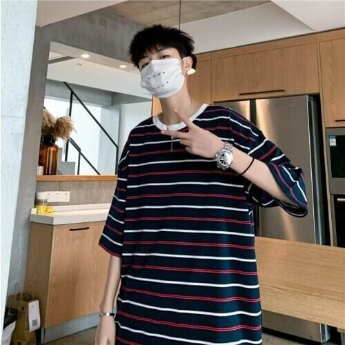 Harajuku Casual Oversize Striped Mens T-shirt 2021 New Summer All-match Fashion Clothes Hip Hop College Style Streetwear Top