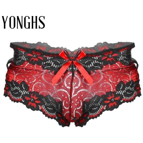 Gay Mens Sissy Lingerie Underwear Low Waist Lace Briefs Panties Bowknot Hollow Out Nightwear Strappy Erotic Boxers Underpants