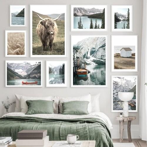Highland Cattle Pine Mountain Lake Boat Wall Art Canvas Painting Nordic Posters And Prints Wall Pictures For Living Room Decor