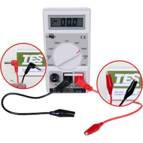 TES1500 Capacitance Tester Meter Up To 20mF 20000uF Overload Fuse Protection Clips/Direct Insert Portable Electrical Digital